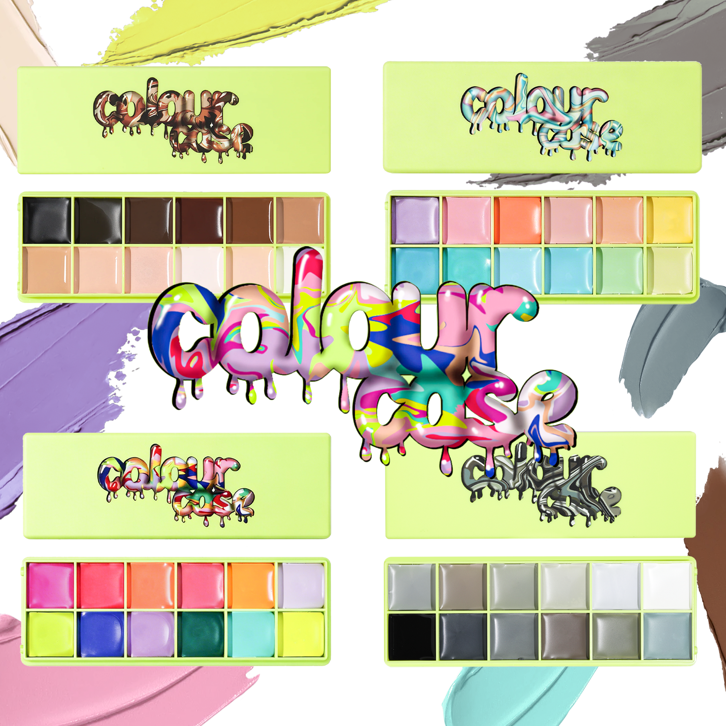 Étuis en couleur - palette de peinture cosmétique et pinceau de spatule