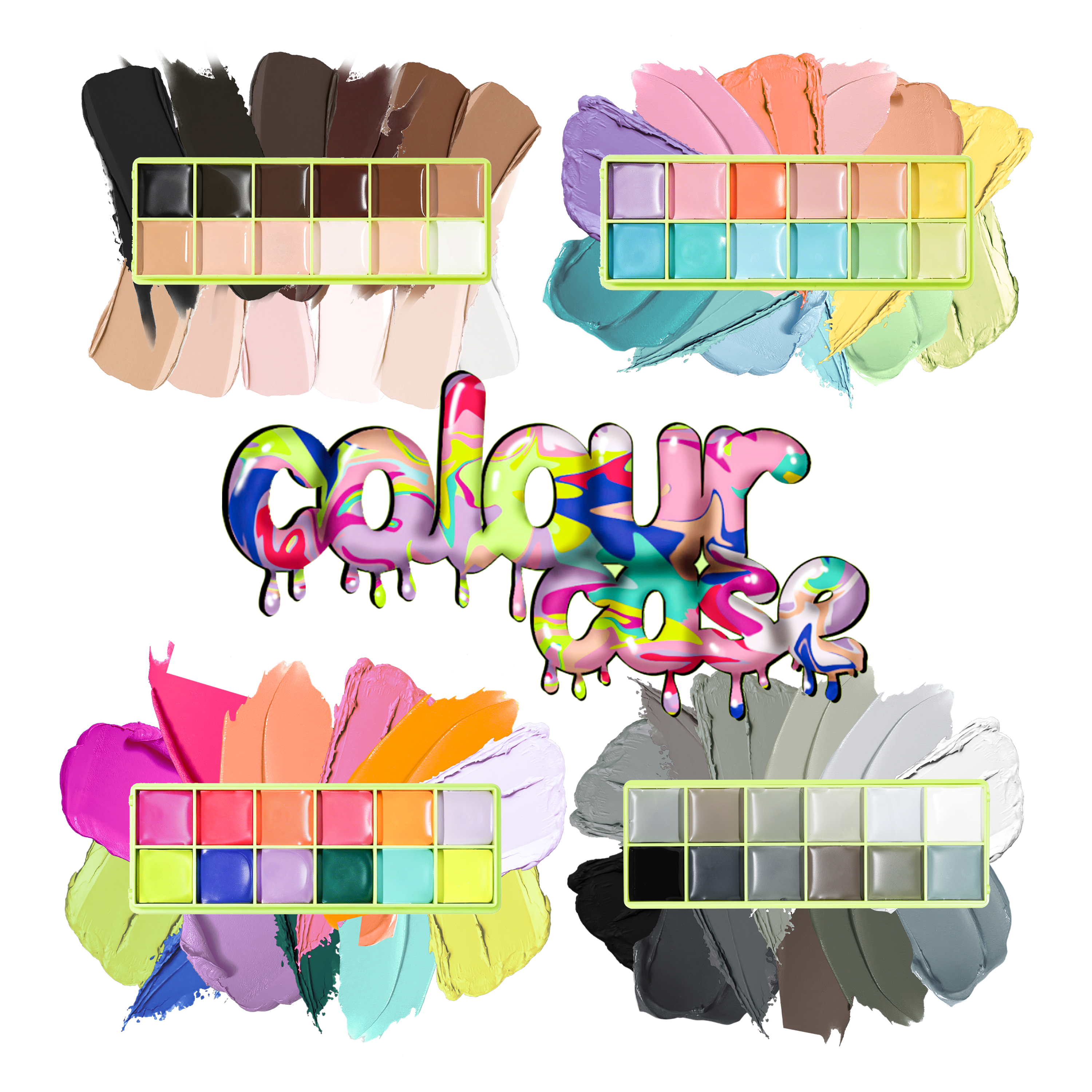 Étuis en couleur - palette de peinture cosmétique et pinceau de spatule